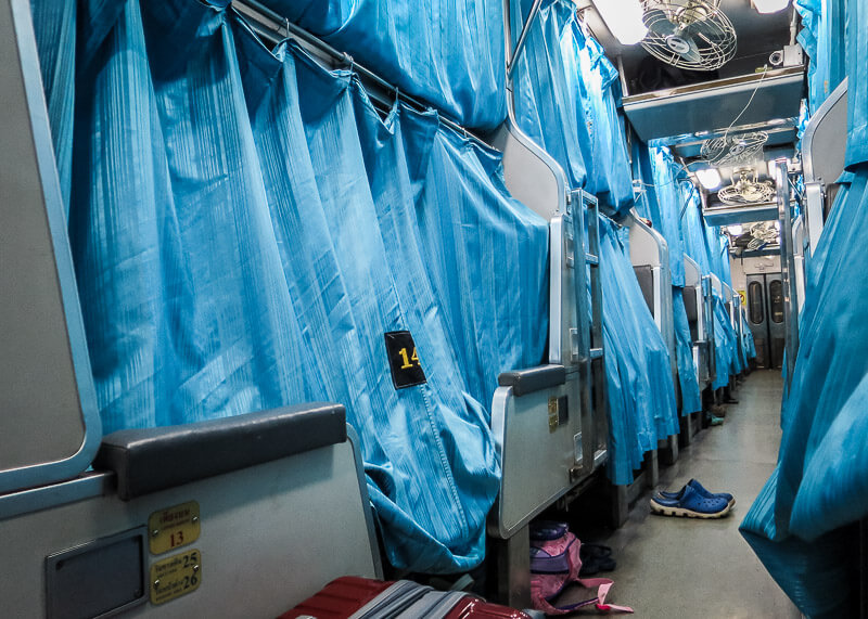 the Surat Thani to Bangkok train ride - train with curtains