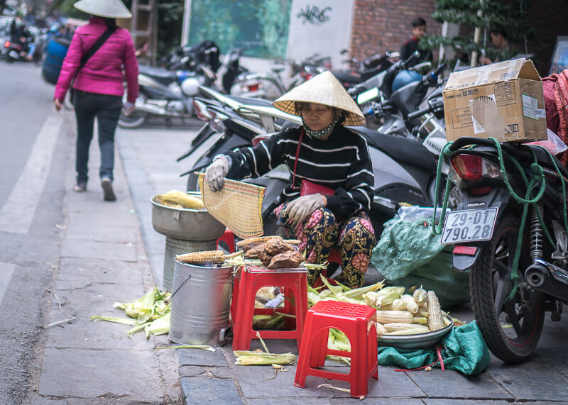 Hanoi travel blog - busy street with food vendors