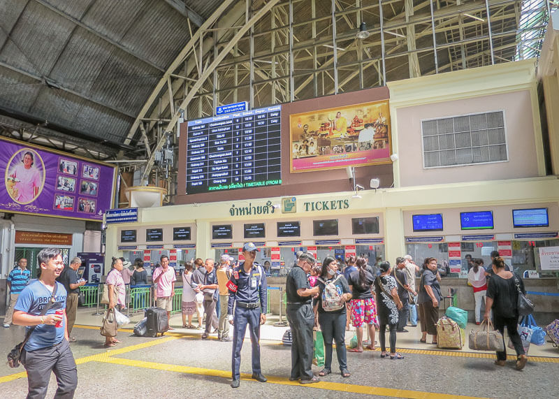 This Is What The Bangkok Train Station Looks Like (aka Hua Lamphong Station) | There are tons of things to do in Krabi and Bangkok. If you’re trying to plan how to get from one place to the next during your vacation or honeymoon, you will want to read this post on your travel options in Thailand and what Thailand train travel looks like! Beach travel #travel #nomad #lifestyle #destinations #thailand #krabi #phuket #slowtravel #wanderlust